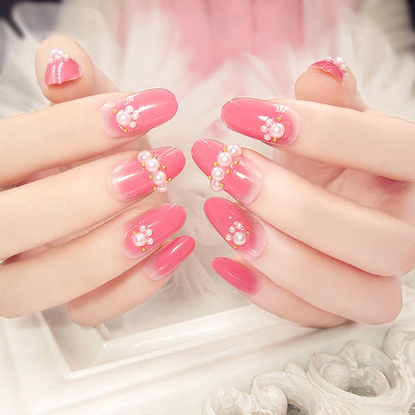 Exquisite Imitation Pearl Design Women Pink Color Fake Nails