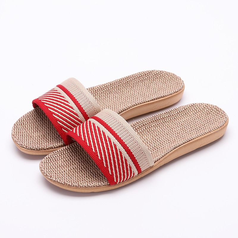Fashion Handmade Contrast Stripes Pattern Rattan Woven Linen Slippers Shoes