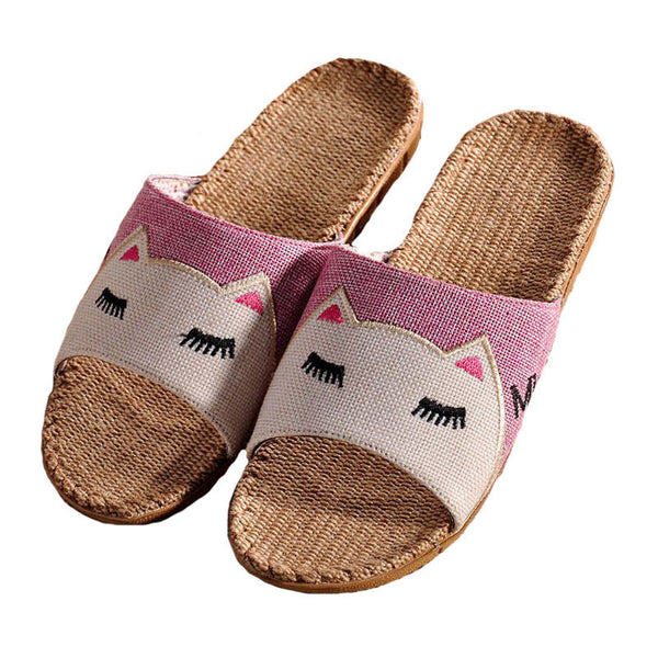 Cartoon Animal Pattern Contrast Color Handmade Linen Woven Slippers Shoes