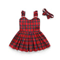 2 Pcs Girls Cotton Red Plaid Printed Dress And Headbands