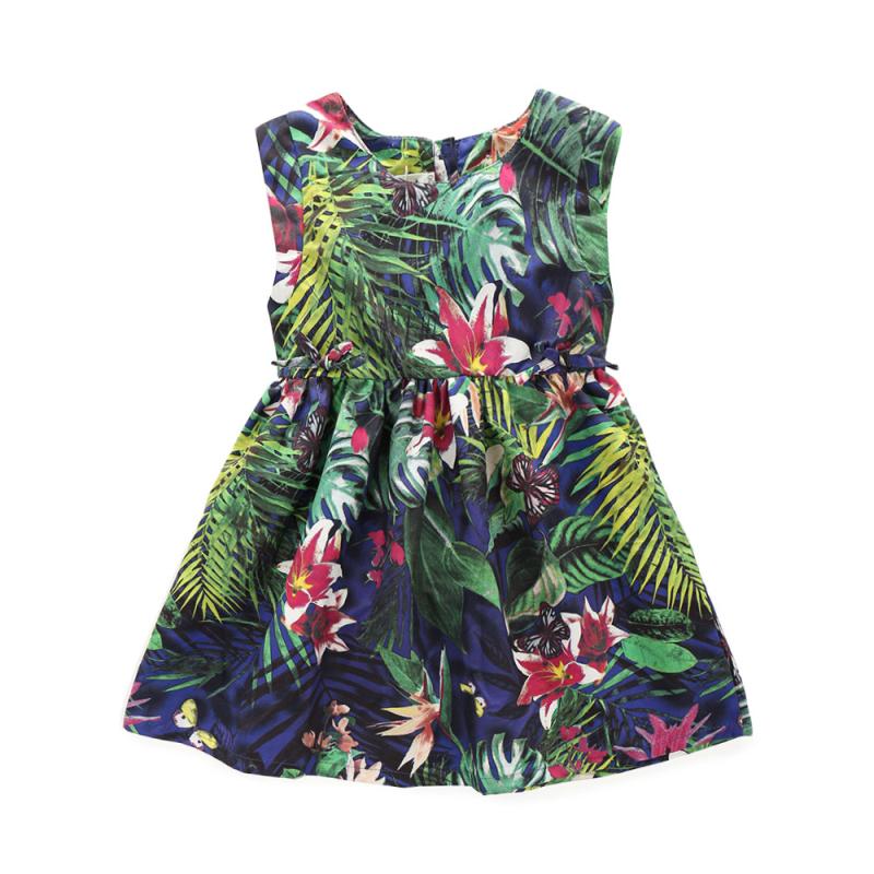 Girls Cotton Fresh Leaves Flower Printed Dress
