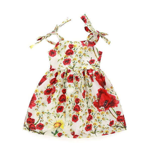 Girls Cotton Floral Printed Lace-up Dress