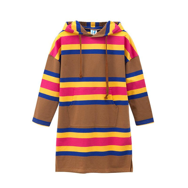 Girl Junior Cotton Multicolor Stripes Printed Hooded Dress