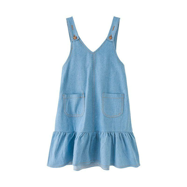 Girl Youth Cotton Pocket Design Denim Dress