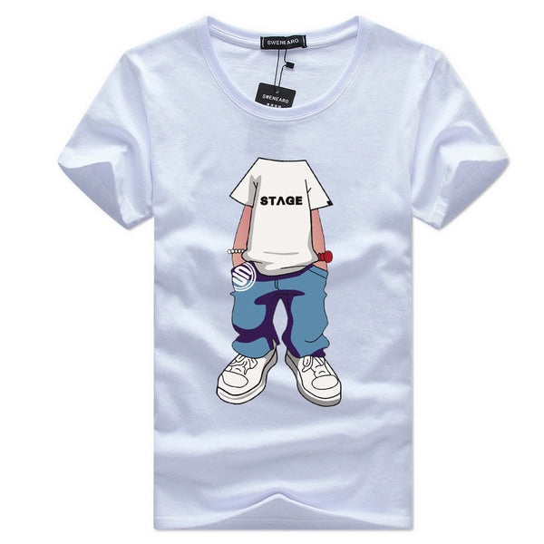 Men Cotton Cartoon Printed Round Neck Tops