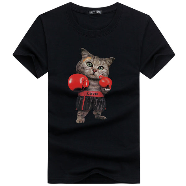 Men Cotton Cute Boxing Cat Printed Tees