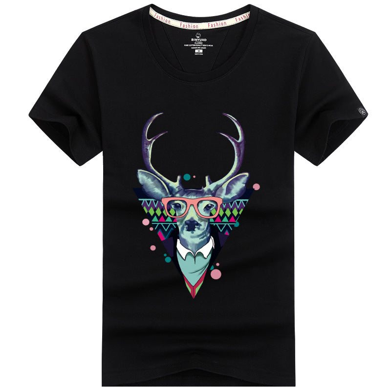 Men Cotton Lucky Deer Printed Casual Tees