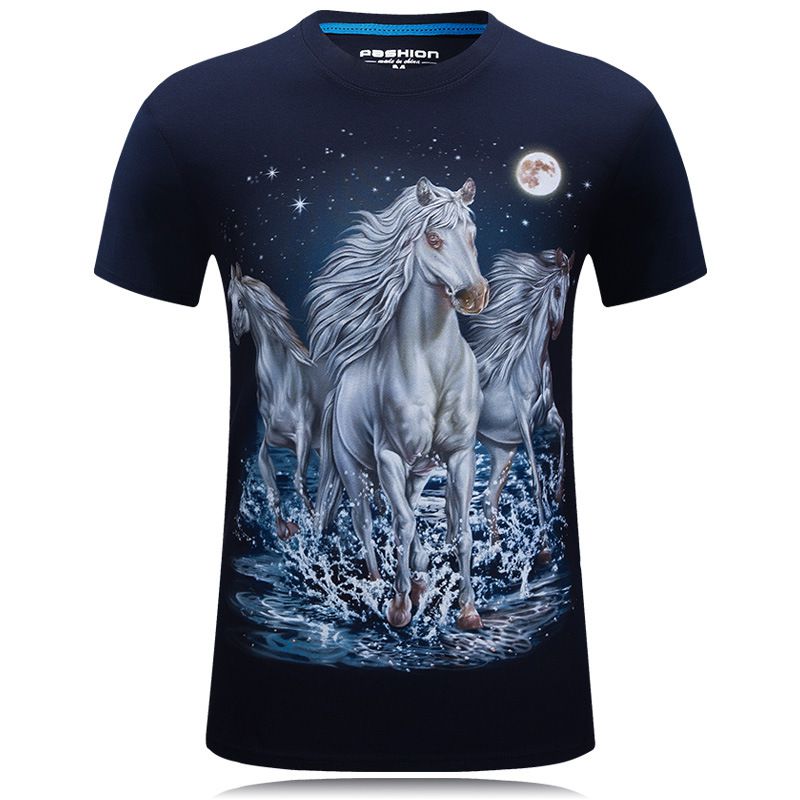 Men Cotton Horse 3D Printed Round Neck Tops