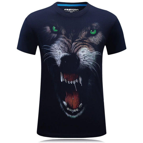 Men Cotton Lifelike Wolf Printed Tops