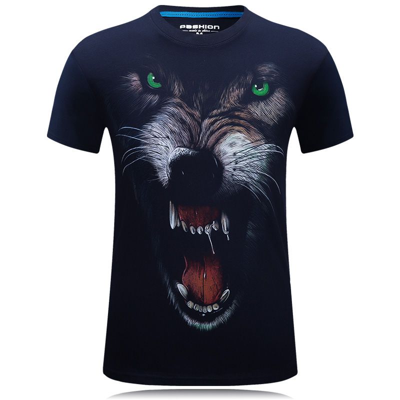 Men Cotton Lifelike Wolf Printed Tops