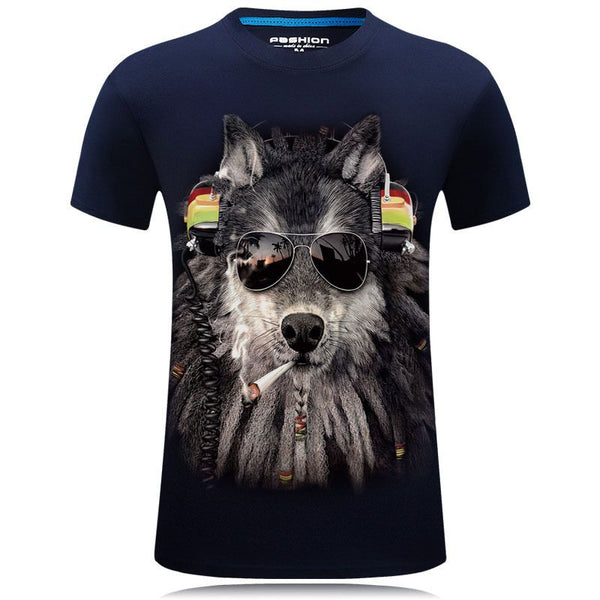 Men Smoking Wolf Printed Short Sleeves Tops