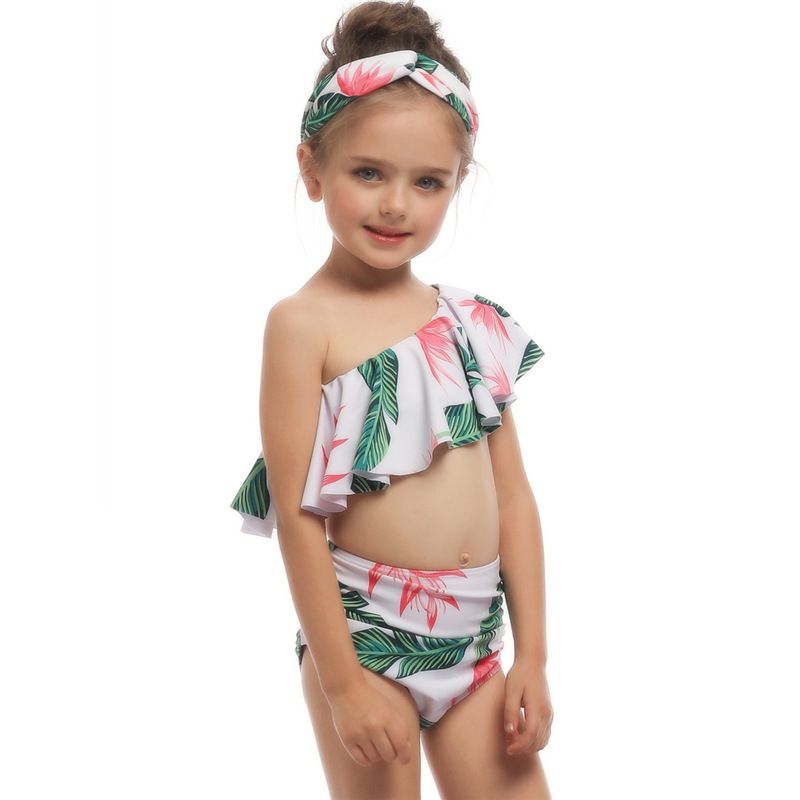 2 Pcs Mom And Daughter Off-Shoulder Leaves Printed Swimsuit