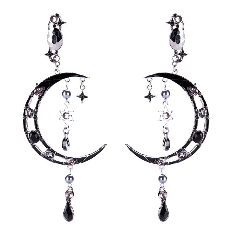 Exaggerated Long Length Alloy Moon Shape Tassel Gemstone Earrings