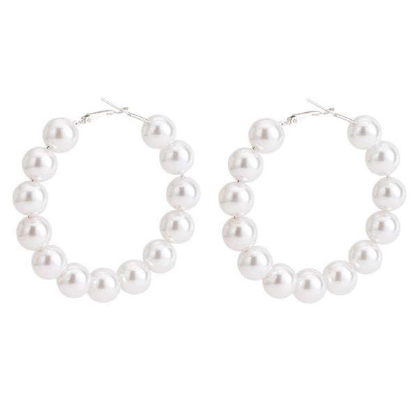 Women Simple Imitation Pearl Beaded Fashion Hoop Earrings