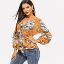 Casual Flower Printed Surplice Lace-up Pattern Blouse