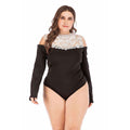 Plus Size Color Blocking Hollow Lace Design Women Bodysuits