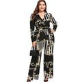 Fashion V Neck Surplice Design Long-sleeve Floral Printed Plus-size Jumpsuits