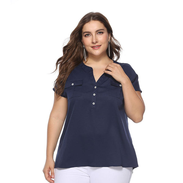 Casual Lady Solid Color Short Sleeve Plus Size Pocket Blouse