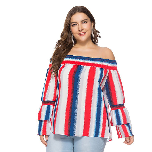 Fashion Multicolor Stripes Pattern Women Off-shoulder Plus-size Blouse