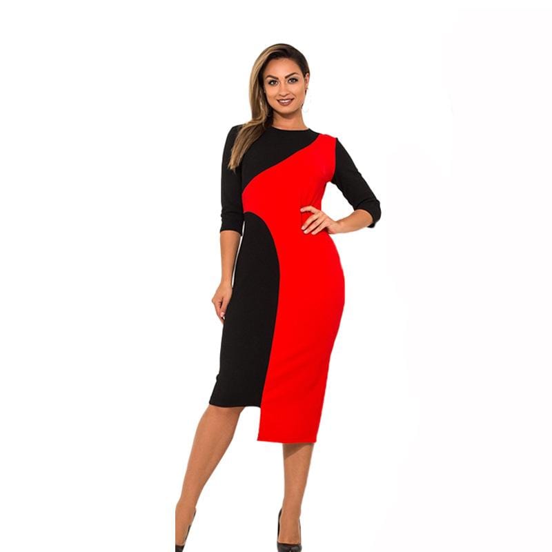 Women Irregular Hemline Half-sleeve Color Blocking Office Dress