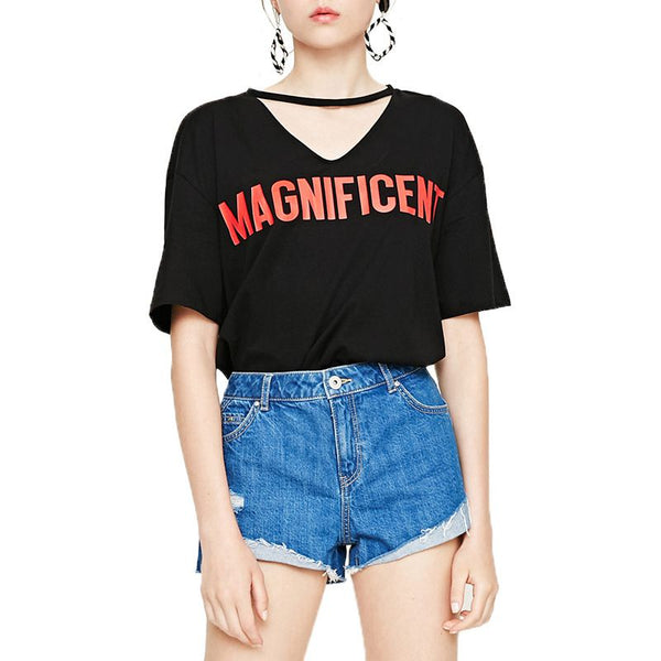 New Arrival Fashion V Neck Short Sleeve Contrast Graphic T-shirt