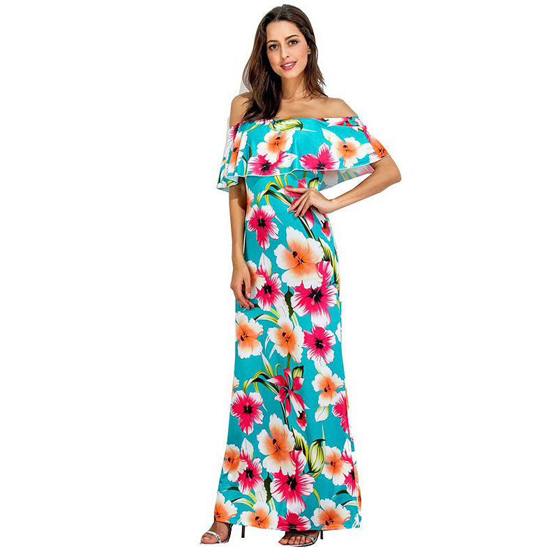 Fashion Women Off-shoulder Elegant Floral Printed Maxi Dress