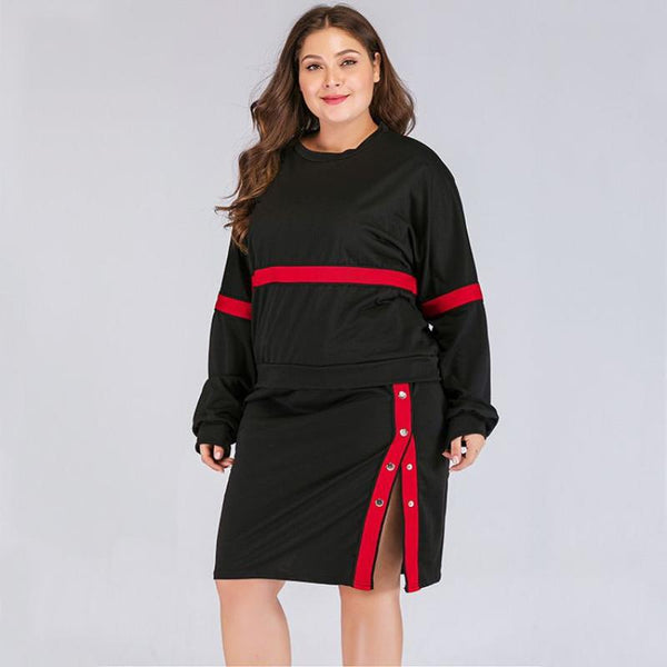 Plus Size Women Contrast Buttoned Design Sweatshirt And Skirt Set