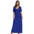 Women U Neck Short-sleeve Solid Color Wide-leg Jumpsuits