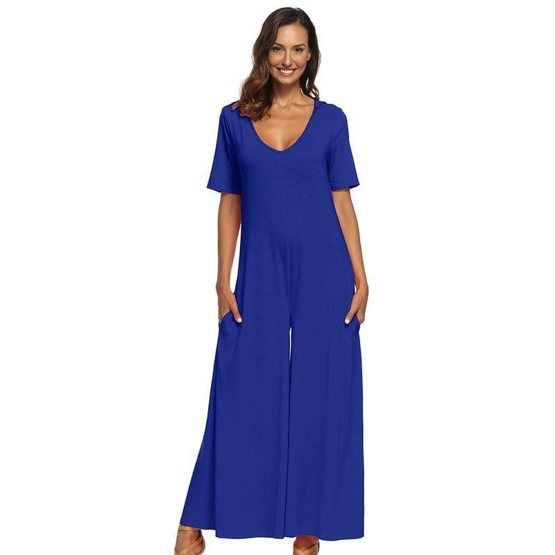 Women U Neck Short-sleeve Solid Color Wide-leg Jumpsuits