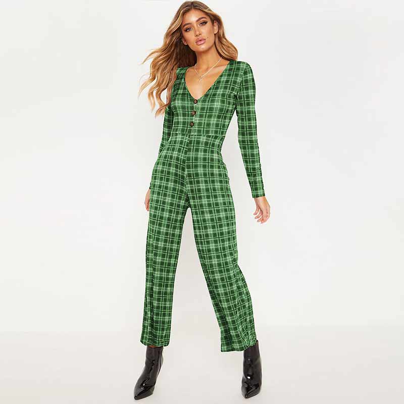 Women Deep V Neck Long-sleeve Buttoned Gingham Jumpsuits