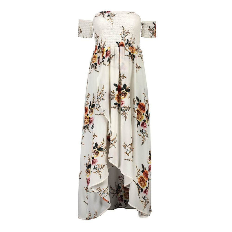 Women Bohemian Style Off-shoulder Flower Printed Irregular Hemline Dress