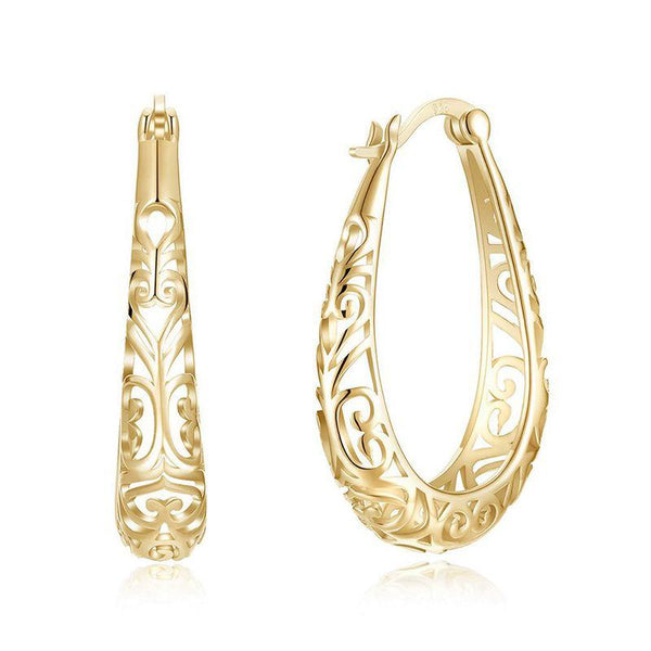 Fashion U Shape Hollow Carving Design Sterling Silver Hoop Earrings