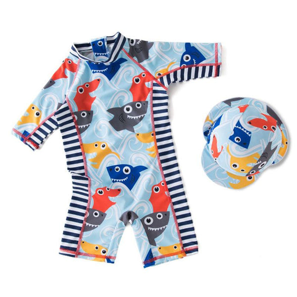 2 Pcs Boys Colorful Shark Printed One-piece Swimwear And Cap