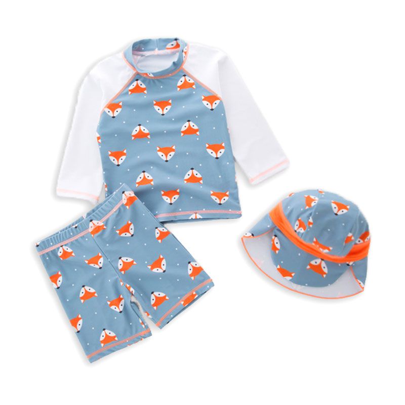 3 Pcs Boys Cartoon Fox Printed Swimsuit And Bathing Cap