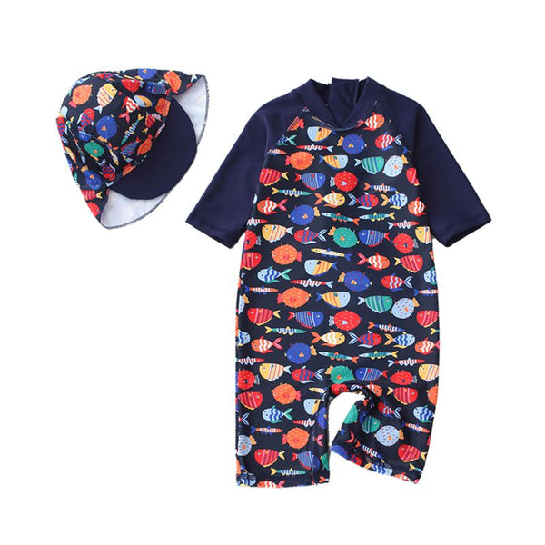 2 Pcs Boys Colorful Fish Printed One-piece Swimwear And Bathing Cap