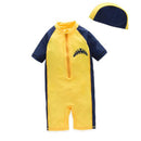 2 Pcs Boys Yellow Shark Pattern Swimwear And Cap