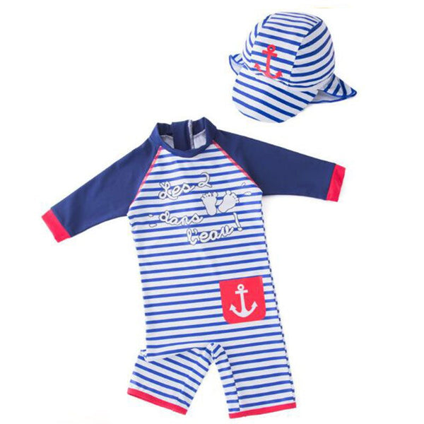 2 Pcs Boys Blue Stripes Printed Swimwear And Cap