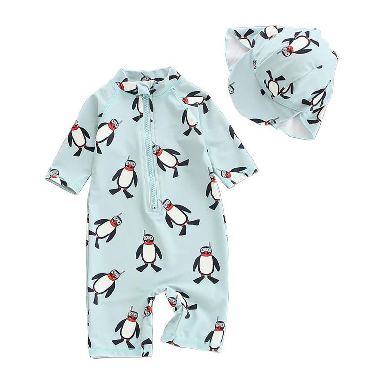 2 Pcs Boys Cute Penguin Printed Swimwear And Cap
