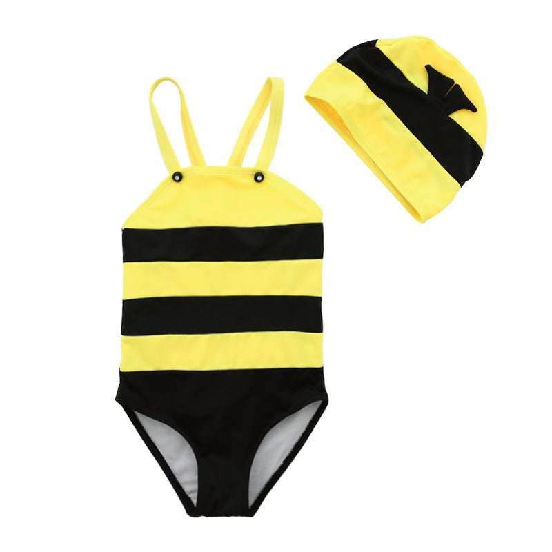 2 Pcs Boys Cute Bee Pattern Sleeveless Swimwear And Cap