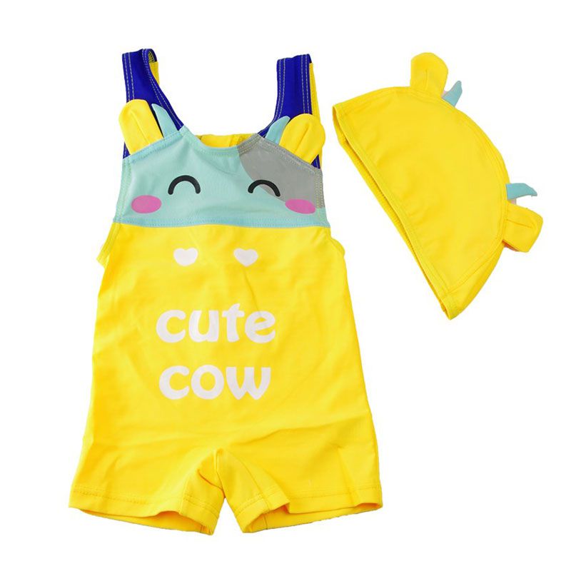 2 Pcs Boys Cute Cow Pattern Sleeveless Swimwear And Cap