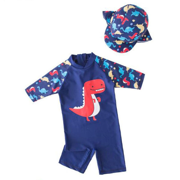 2 Pcs Boys Cute Dinosaur Printed Swimwear And Cap