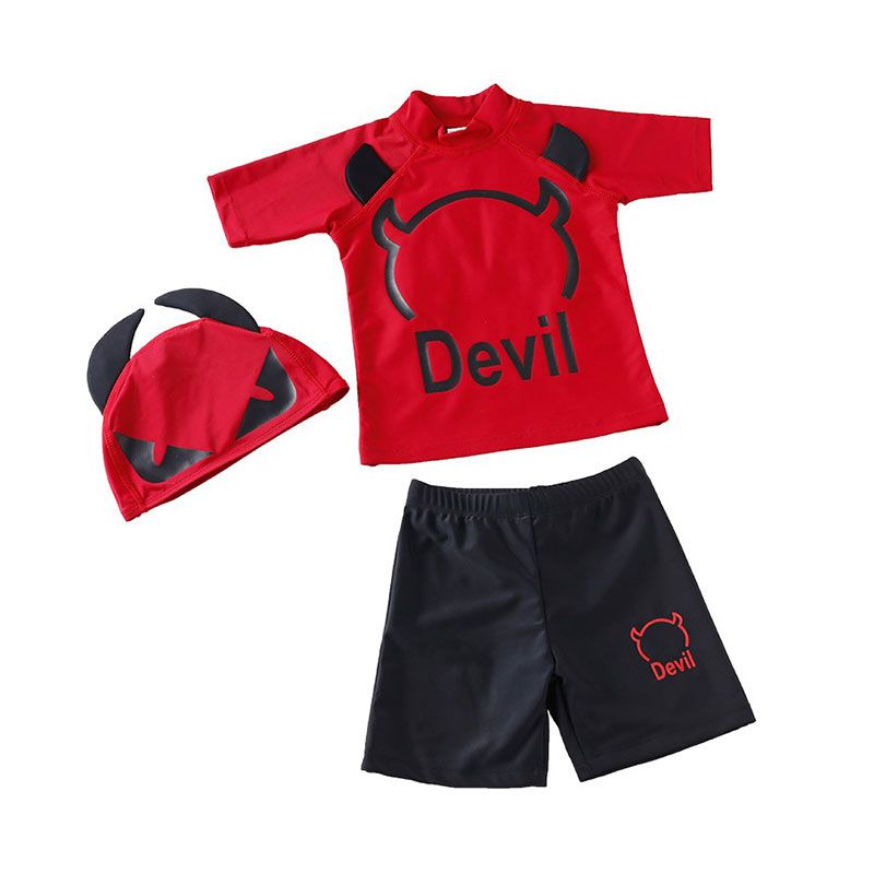 3 Pcs Boys Cute Devil Printed Swimwear And Cap