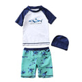 3 Pcs Boys Shark Printed Short Sleeves Swimsuit And Cap