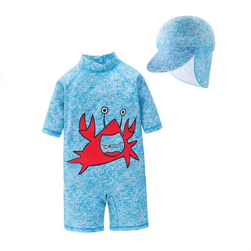 2 Pcs Boys Lobster Printed Swimwear And Cap