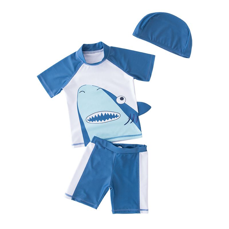 3 Pcs Boys Shark Printed Swimsuit And Cap