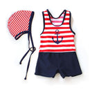 2 Pcs Boys Stripes Printed Swimwear And Cap