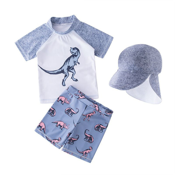 3 Pcs Boys Dinosaur Printed Swimsuit And Cap