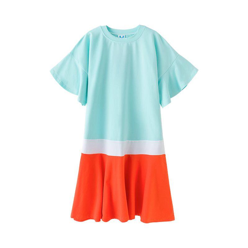 Girl Youth Color Blocking Flare Sleeves Dress