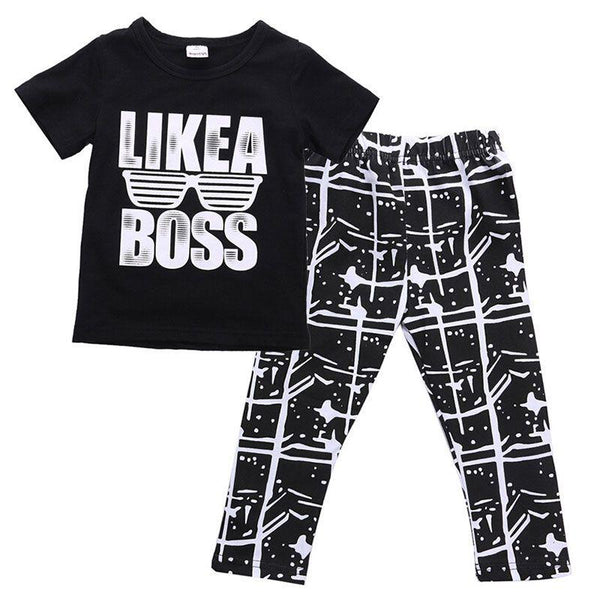 2 Pcs Boys Letter Printed Fashion Tops And Pants