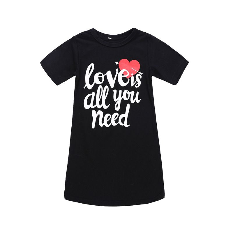 Mother And Daughter Letter Printed Black Dress